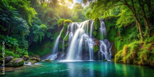 Waterfall cascading through lush forest setting, nature, water, cascade, flowing, trees, greenery, serene