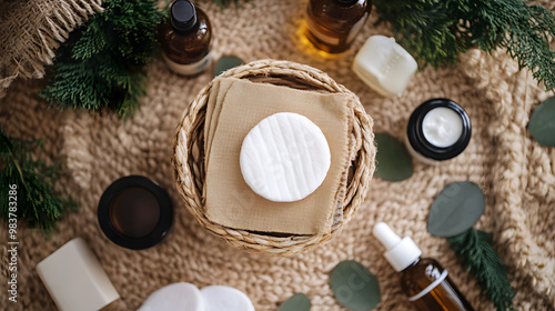 pack of organic cotton pads displayed in eco-friendly packaging, surrounded by natural skincare products photo