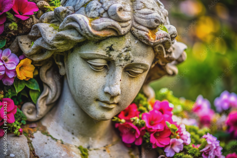 Vibrant blooming flowers surround a delicate, cracked, and weathered stone statue, symbolizing the beauty of youth and the elegance of aged refinement in nature. Vibrant blooming flowers surround a delicate, cracked, and weathered stone statue, symbolizing the beauty of youth and the elegance of aged refinement in nature.