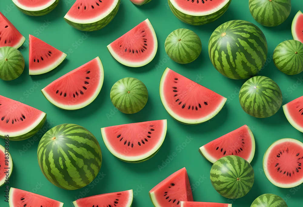 Fresh green watermelons and vibrant watermelon slices are beautifully arranged on green background, creating lively and refreshing scene. contrast of colors adds cheerful touch Fresh green watermelons and vibrant watermelon slices are beautifully arranged on green background, creating lively and refreshing scene. contrast of colors adds cheerful touch