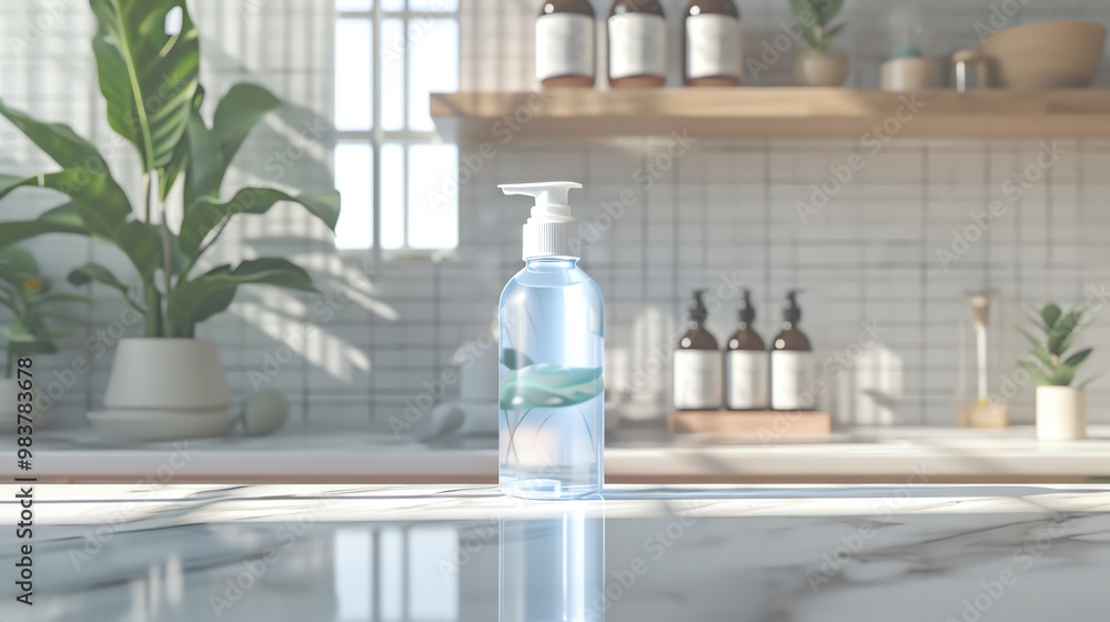 A 3D render of a bottle of hand sanitizer on a countertop