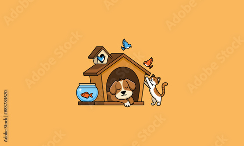 Cute pet shop with dog, cat, fish, and birds illustration