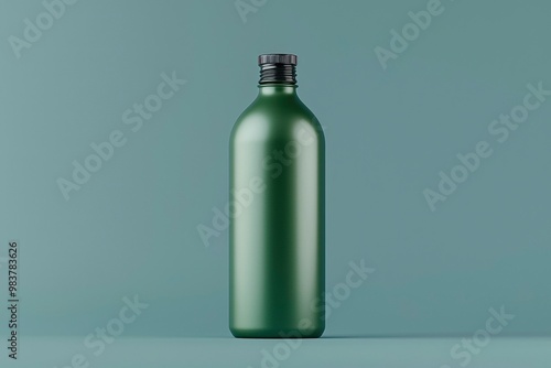 Green Glass Bottle with Black Lid on Blue Background