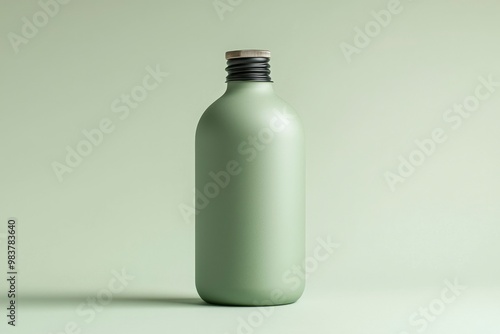 A Single Matte Green Glass Bottle with a Black and Silver Lid on a Green Background