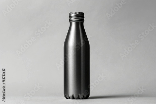 A Metallic Black Bottle with a Silver Cap on a White Background photo