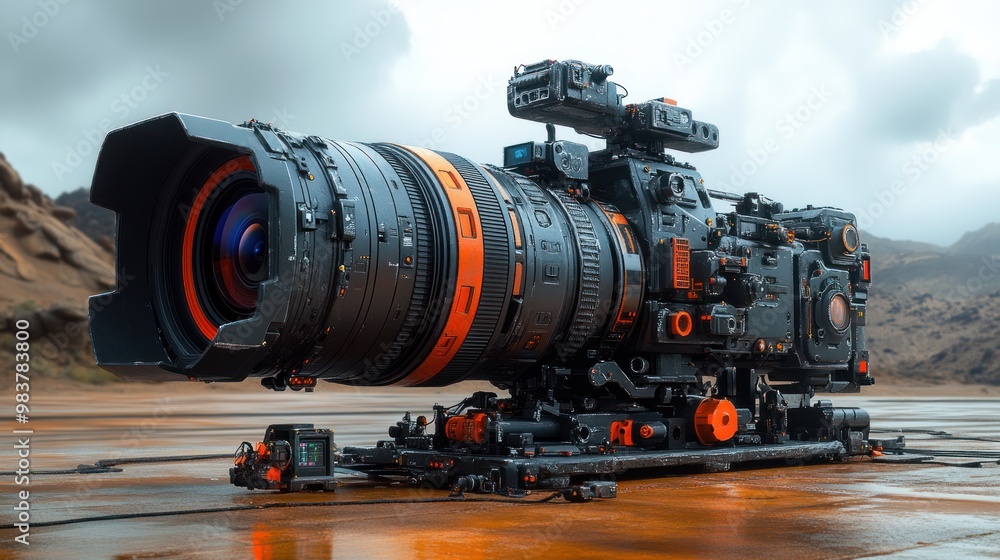 Futuristic camera setup on a rugged landscape.