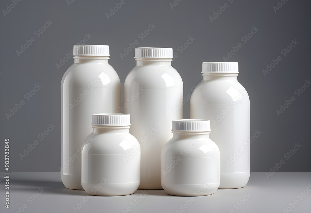 Minimalist design featuring five gleaming white plastic bottles of varying sizes, arranged aesthetically against neutral background. simplicity and elegance evoke sense of cleanliness and modernity Minimalist design featuring five gleaming white plastic bottles of varying sizes, arranged aesthetically against neutral background. simplicity and elegance evoke sense of cleanliness and modernity