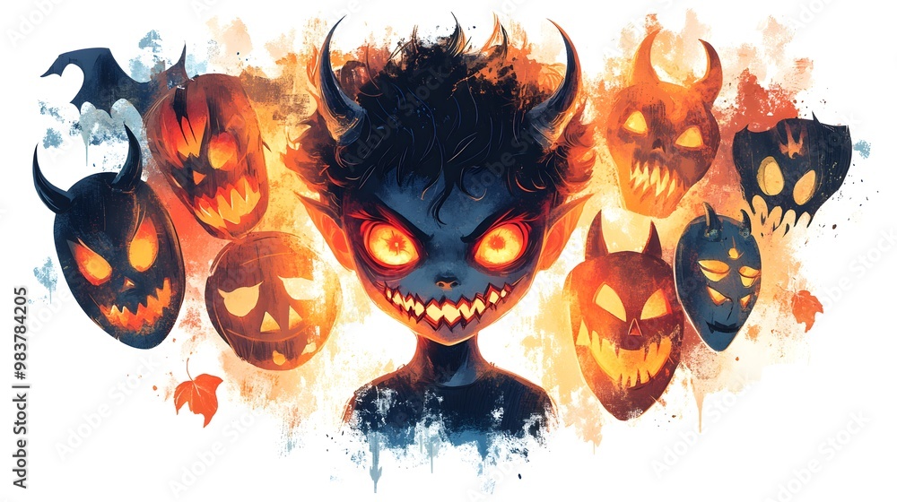 A demon child with fiery eyes and a wicked grin, surrounded by floating Halloween masks, digital illustration, isolated on white background A demon child with fiery eyes and a wicked grin, surrounded by floating Halloween masks, digital illustration, isolated on white background