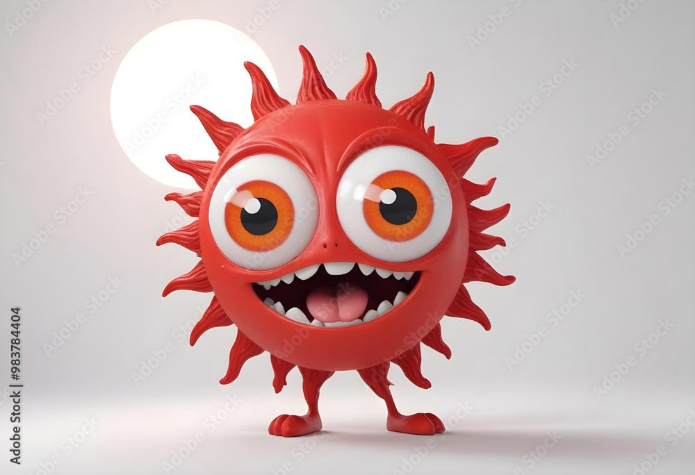 A cheerful red sun shaped character with large eyes and wide grin stands playfully against bright background. Its vibrant design radiates joy and energy, making it an eye catching figure A cheerful red sun shaped character with large eyes and wide grin stands playfully against bright background. Its vibrant design radiates joy and energy, making it an eye catching figure