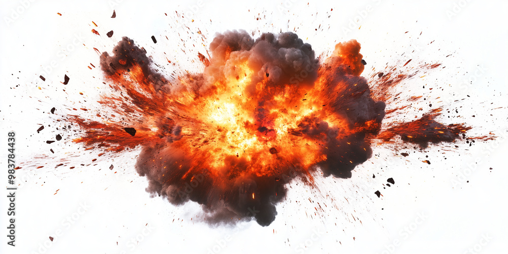 An intense explosion image with flames, bright orange and red sparks, and thick smoke An intense explosion image with flames, bright orange and red sparks, and thick smoke