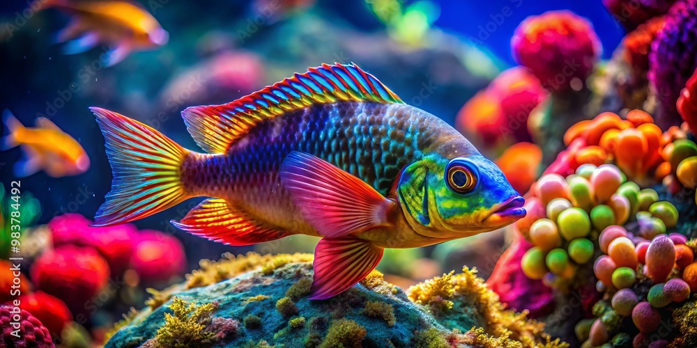 In a colorful underwater habitat, a lively sucker fish rests on decorative rocks, enhancing the vibrant aquarium's In a colorful underwater habitat, a lively sucker fish rests on decorative rocks, enhancing the vibrant aquarium's