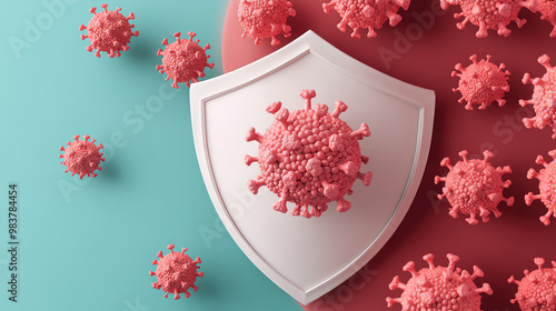 Virus protection shield with pink virus models on a teal background. photo