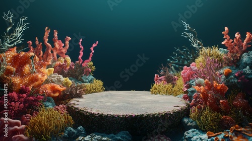 Vibrant coral reef with colorful corals framing a flat space, ideal for underwater themes and marine life illustrations. photo