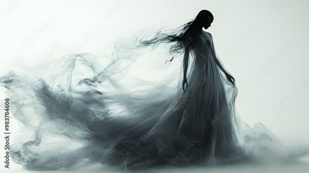 Fototapeta premium A ghostly bride in a flowing gown, wearing a haunting Halloween party mask, gothic horror style, ethereal lighting, isolated on white background