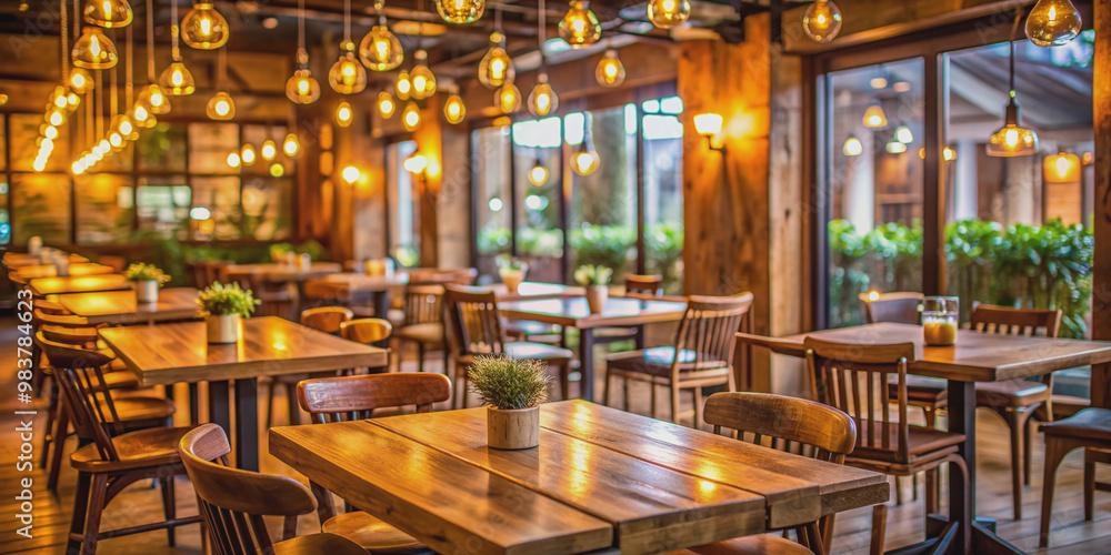 Cozy restaurant interior with warm lighting, rustic wooden tables, and elegant chairs softly blurred in the background, creating an inviting atmosphere for dining. Cozy restaurant interior with warm lighting, rustic wooden tables, and elegant chairs softly blurred in the background, creating an inviting atmosphere for dining.