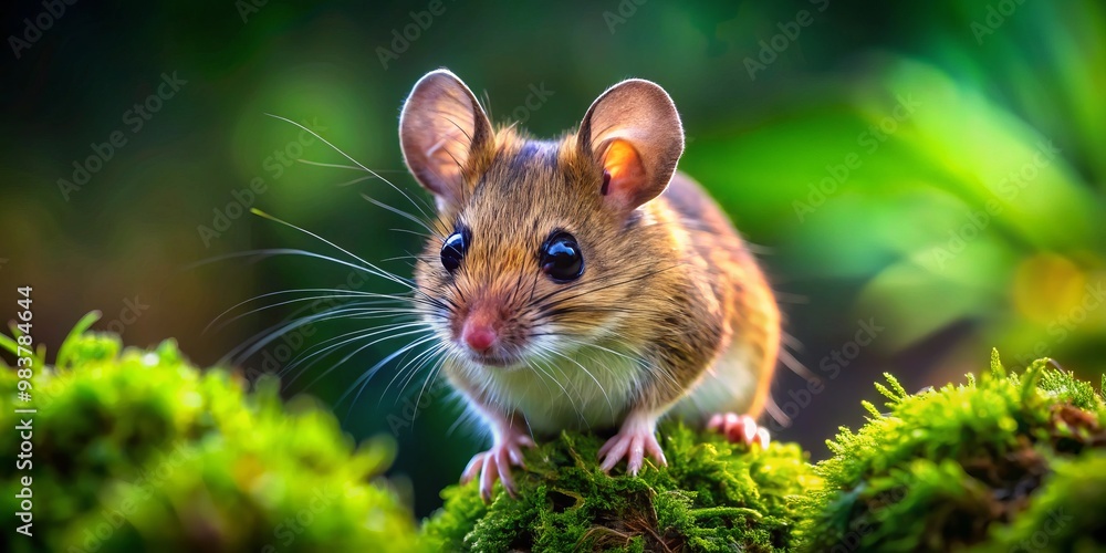 In a lush green environment, an African Pygmy Mouse displays intriguing behavior, darting among the leaves while In a lush green environment, an African Pygmy Mouse displays intriguing behavior, darting among the leaves while