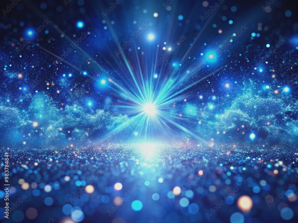 Fototapeta premium Deep dark blue abstract background illuminated by shimmering glowing particles radiating vibrant light, creating a mesmerizing futuristic and cosmic visual effect.