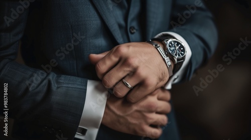 Close-Up of Man Adjusting Elegant Suit with Luxury Watch and Ring - Corporate Style