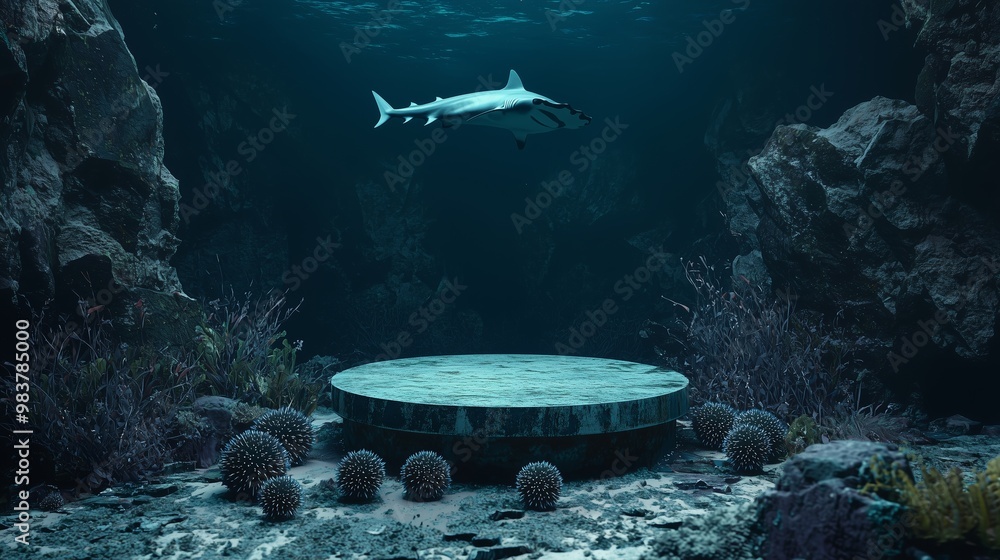 Fototapeta premium A tranquil underwater scene featuring a shark swimming near a mysterious circular platform surrounded by marine life.