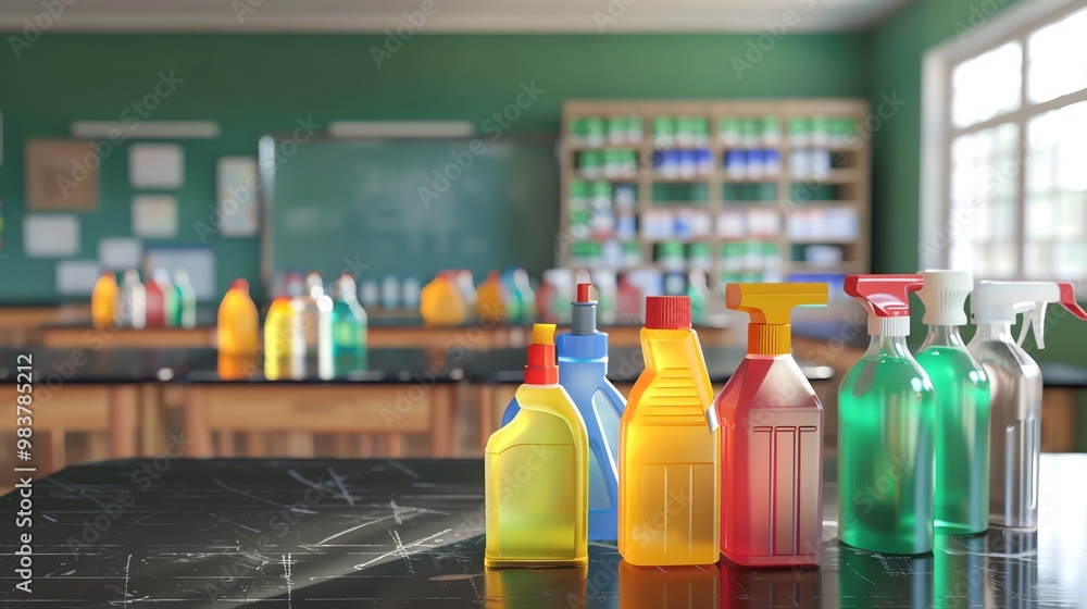 A 3D render of a set of disinfectants in a classroom A 3D render of a set of disinfectants in a classroom