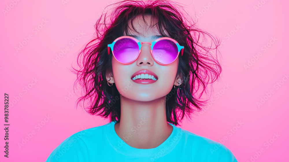 Young woman in sunglasses with pink and blue tones, smiling and looking up. Young woman in sunglasses with pink and blue tones, smiling and looking up.