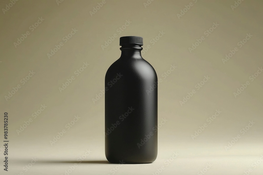 A Black Glass Bottle with a Black Screw Cap on a Beige Surface A Black Glass Bottle with a Black Screw Cap on a Beige Surface