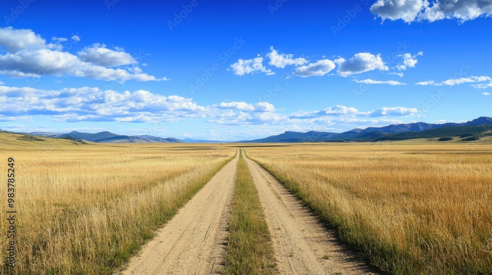 A solitary dirt road winds through the open grassland, framed by distant mountains and a bright blue sky, inviting exploration A solitary dirt road winds through the open grassland, framed by distant mountains and a bright blue sky, inviting exploration