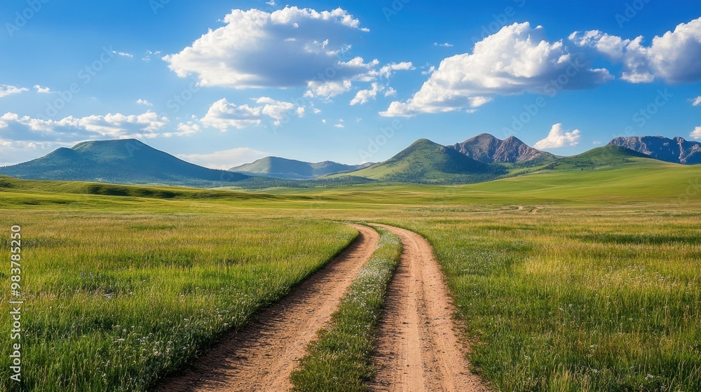 A solitary dirt road winds through the open grassland, framed by distant mountains and a bright blue sky, inviting exploration
