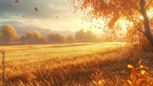 Autumn Equinox scene, golden fields with vibrant trees in the background, Soft sunlight with long shadows, Balance of light and dark as day and night equalize, Calm and peaceful autumn atmosphere photo