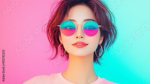 Wallpaper Mural Young woman with short hair and round sunglasses in front of a colorful background. Torontodigital.ca