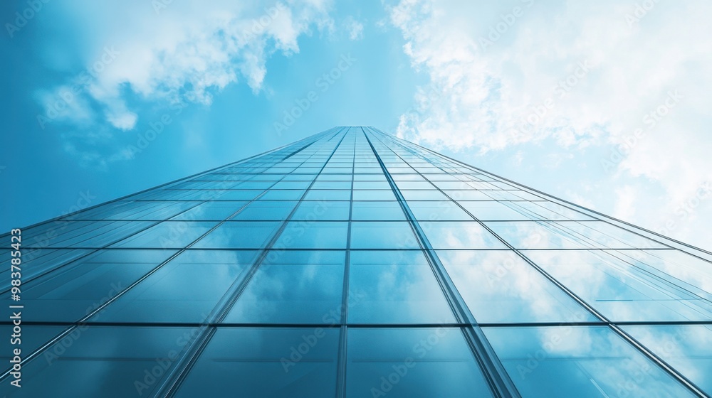 A sleek glass office building rises against a vast blue sky, creating an ideal backdrop for business-related images with space for text A sleek glass office building rises against a vast blue sky, creating an ideal backdrop for business-related images with space for text