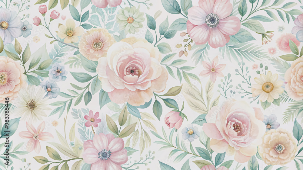 Fototapeta Soft pastel hues dance across a seamless vector flower pattern, featuring delicate watercolor blooms and subtle texture, creating a serene and whimsical background design.
