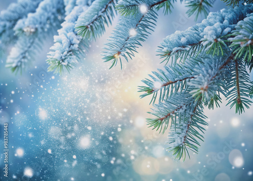 Snowflakes gently fall onto frosty pine tree branches, creating a serene winter wonderland scene with ample copy space for text or design elements. photo