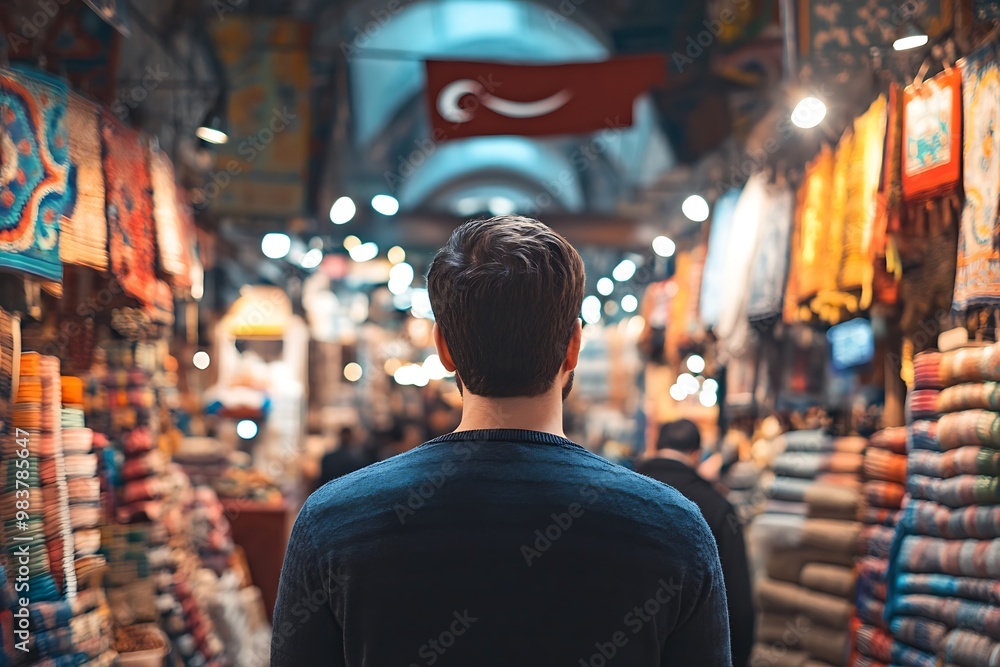 A Man Walking Through a Vibrant Turkish Bazaar A Man Walking Through a Vibrant Turkish Bazaar