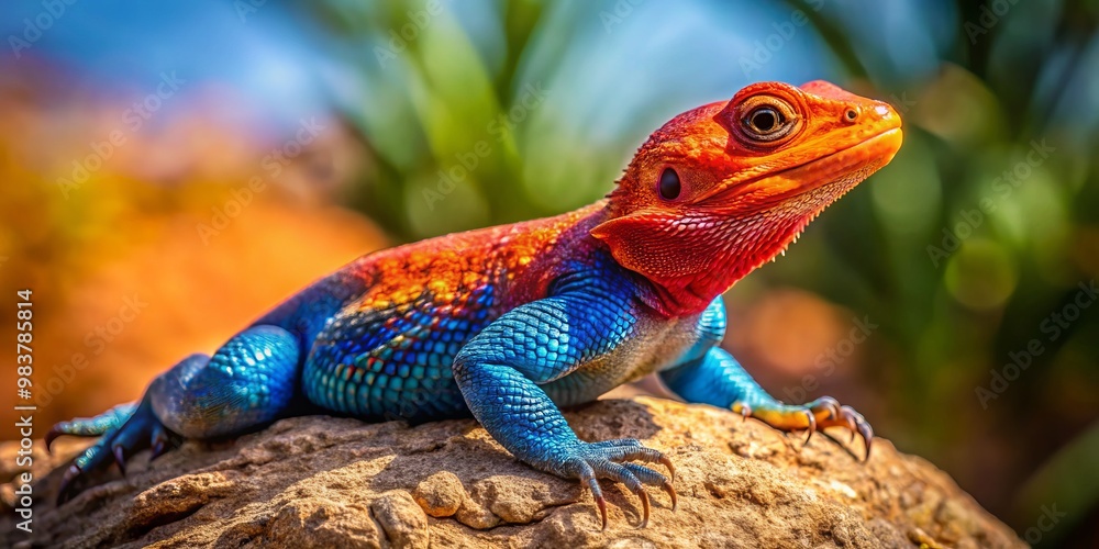 In a sun-drenched habitat, a striking red-headed agama lizard displays its colorful scales, embodying the vividness of In a sun-drenched habitat, a striking red-headed agama lizard displays its colorful scales, embodying the vividness of
