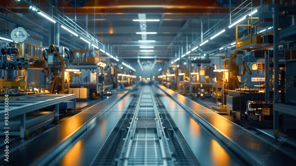 High-tech manufacturing plant with automated assembly lines, advanced machinery, focus on speed and precision, futuristic industrial design High-tech manufacturing plant with automated assembly lines, advanced machinery, focus on speed and precision, futuristic industrial design