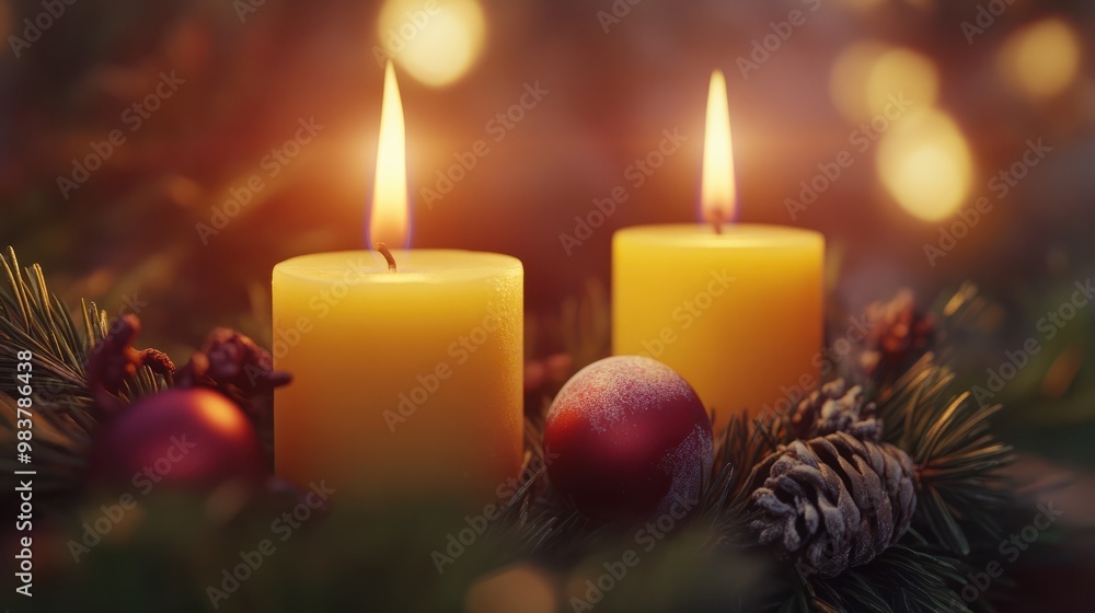 Close-up of advent wreath with two burning candles for second advent in preperation for christmas Close-up of advent wreath with two burning candles for second advent in preperation for christmas
