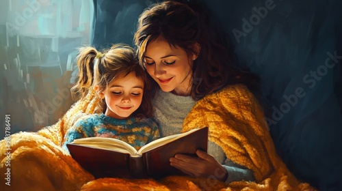 Wallpaper Mural Mother and daughter sharing a quiet moment, reading a book together under a cozy blanket. Torontodigital.ca