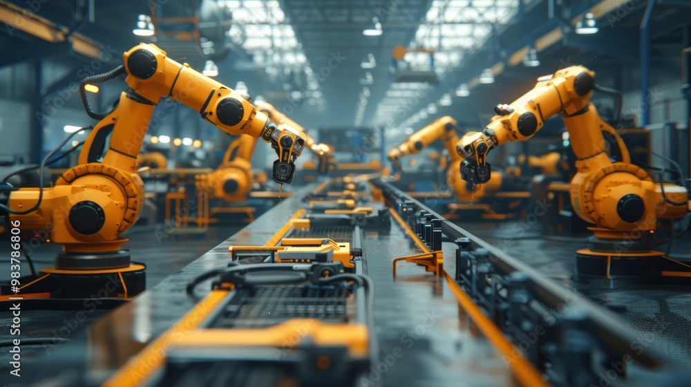 Smart factory with AI-driven robotics, IoT-enabled systems, seamless automation, high-tech industrial setting, advanced manufacturing technology Smart factory with AI-driven robotics, IoT-enabled systems, seamless automation, high-tech industrial setting, advanced manufacturing technology