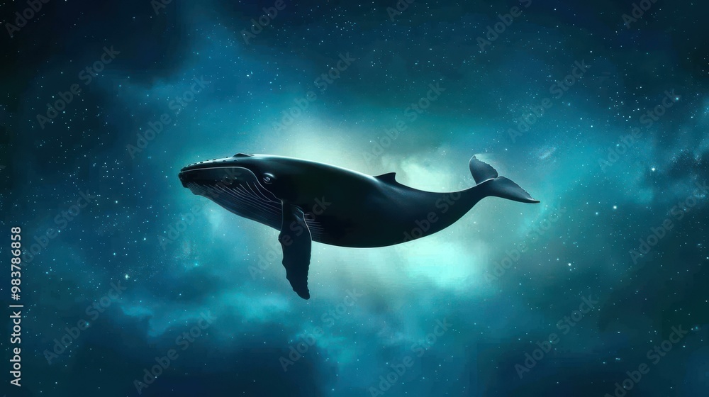 Fototapeta premium A whimsical photo wallpaper featuring a whale leaping from a fluffy cloud into a starry night sky, set on a textured backdrop.