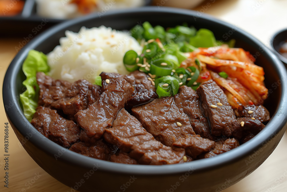 Korean Bulgogi Beef Bowl with Rice and Kimchi Korean Bulgogi Beef Bowl with Rice and Kimchi