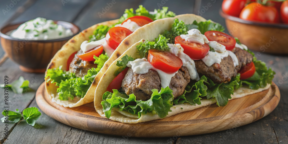 Juicy lamb gyro wrapped in warm pita bread, topped with crispy lettuce, ripe tomatoes, creamy tzatziki sauce, and sprinkled with crumbled feta cheese. Juicy lamb gyro wrapped in warm pita bread, topped with crispy lettuce, ripe tomatoes, creamy tzatziki sauce, and sprinkled with crumbled feta cheese.