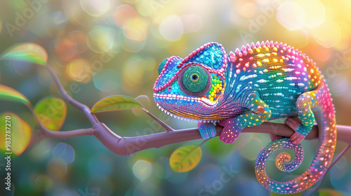 A vibrant 3D chameleon perched on a branch, its bright colors and bulging eyes shine against a blurred nature backdrop.