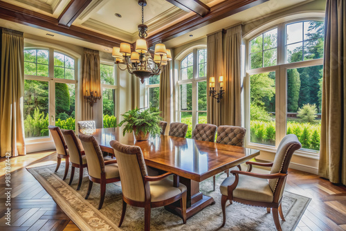 Elegant dining room interior with rich wooden table, comfortable chairs, and exquisite chandelier, set against a backdrop of lush greenery and large windows.