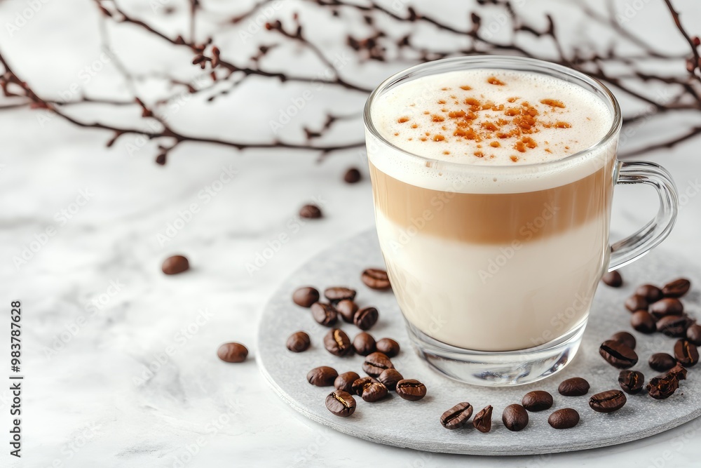 Latte with Cinnamon and Coffee Beans on a Marble Surface Latte with Cinnamon and Coffee Beans on a Marble Surface
