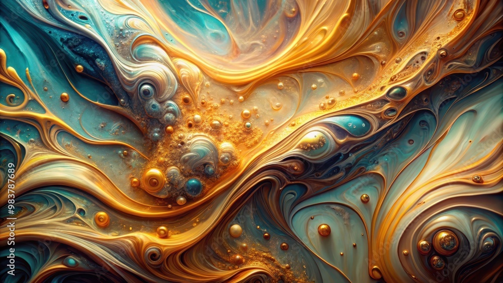 Natural luxury abstract fluid art painting with translucent hues, metallic swirls, and foamy sprays of color Natural luxury abstract fluid art painting with translucent hues, metallic swirls, and foamy sprays of color