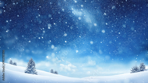 Winter landscape with snow covered trees and falling snowflakes. Christmas background.