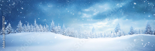 Winter landscape with snow covered trees and falling snowflakes. Christmas background.