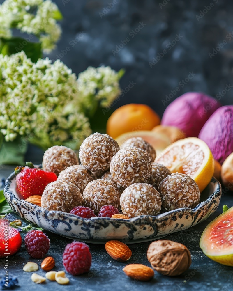 A decorative bowl of energy balls surrounded by fresh fruits and greenery. A decorative bowl of energy balls surrounded by fresh fruits and greenery.
