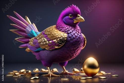 a golden chicken with golden eggs on a dark background. ai generative